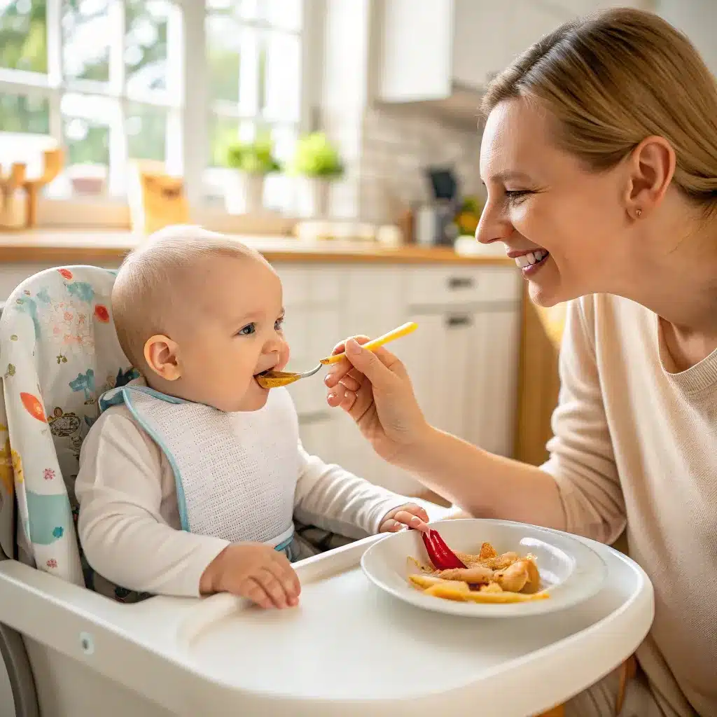 An adult feeding a baby in a high chair with a plate of food on the tray
