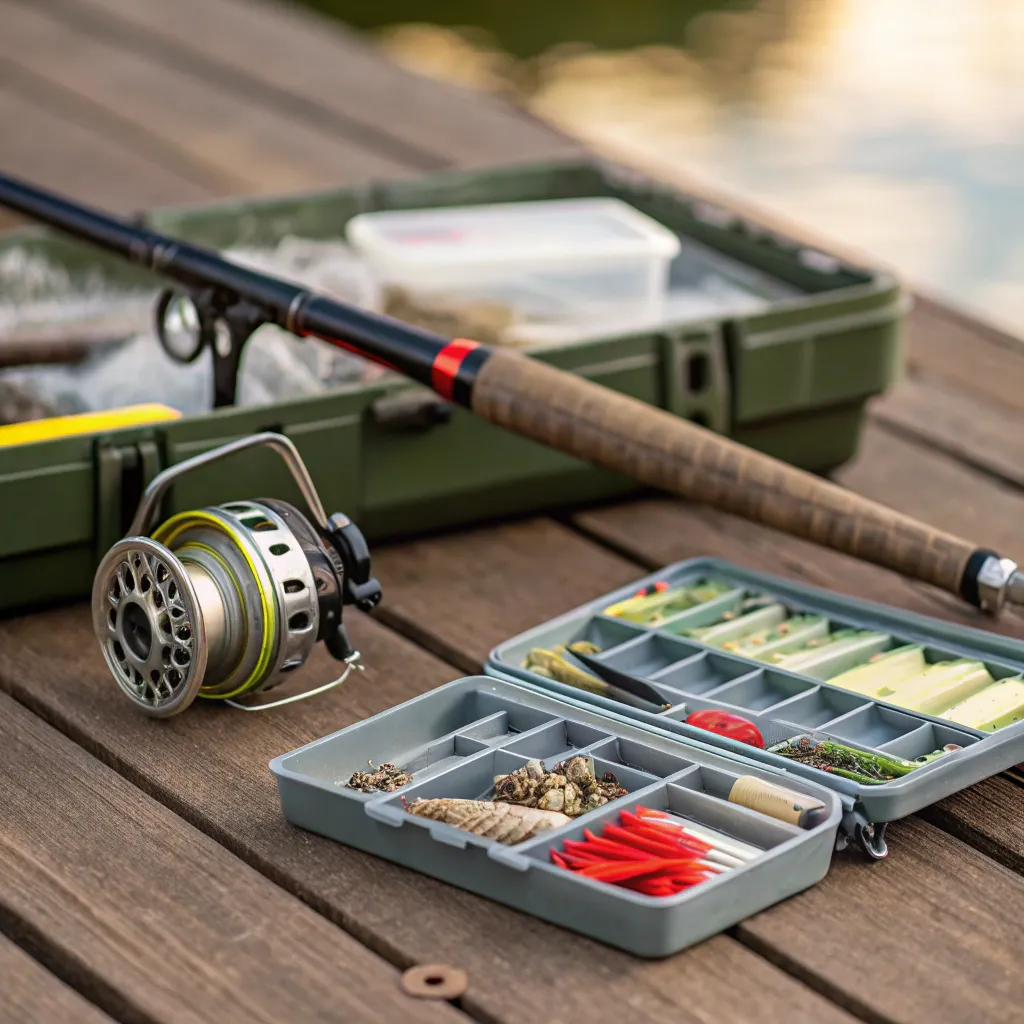 A fishing rod and open tackle box on a wooden dock at a lakeside, showcasing various hooks and fishing accessories.
