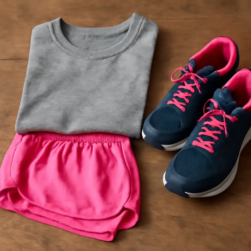 A folded grey sweatshirt and pink shorts are laid out next to a pair of blue running shoes with pink laces on a wooden surface.