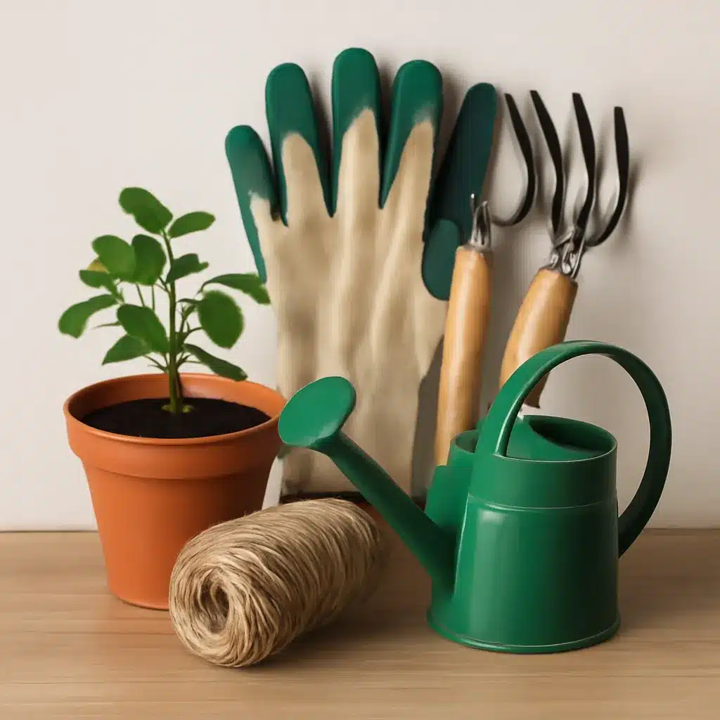 Collection of gardening tools including gloves, a watering can, plant pot, twine, and hand rakes arranged neatly on a wooden surface.