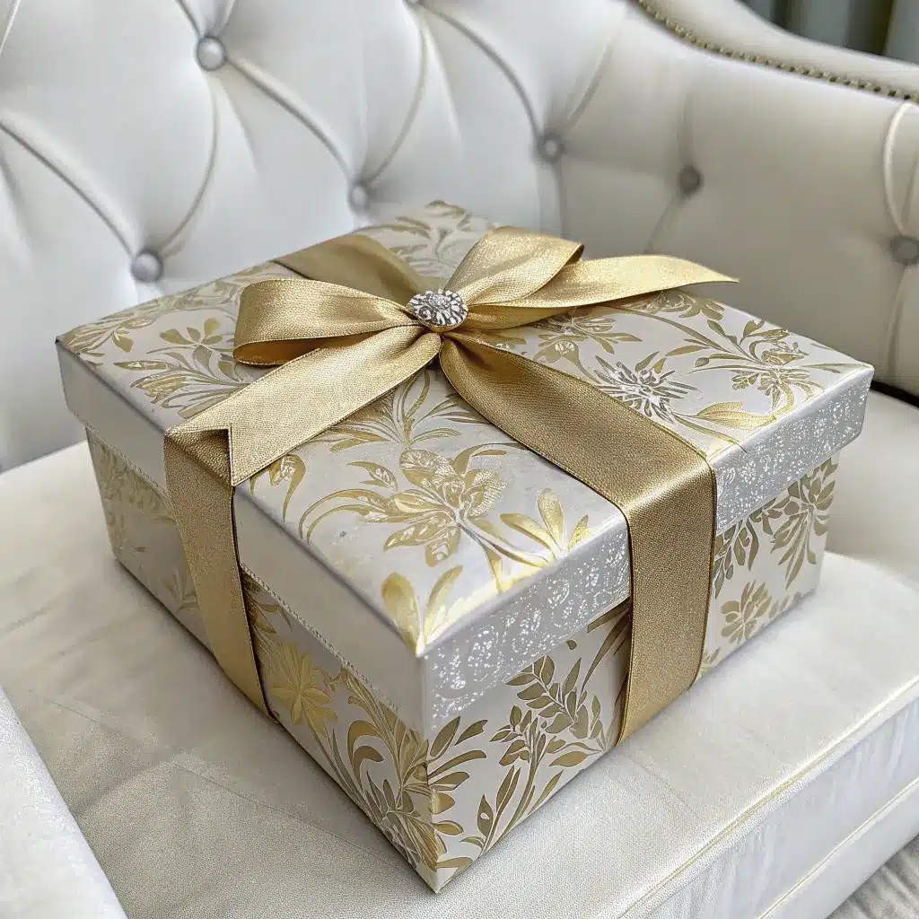 A decorative gift box with gold floral patterns and a satin ribbon, placed on a tufted sofa.