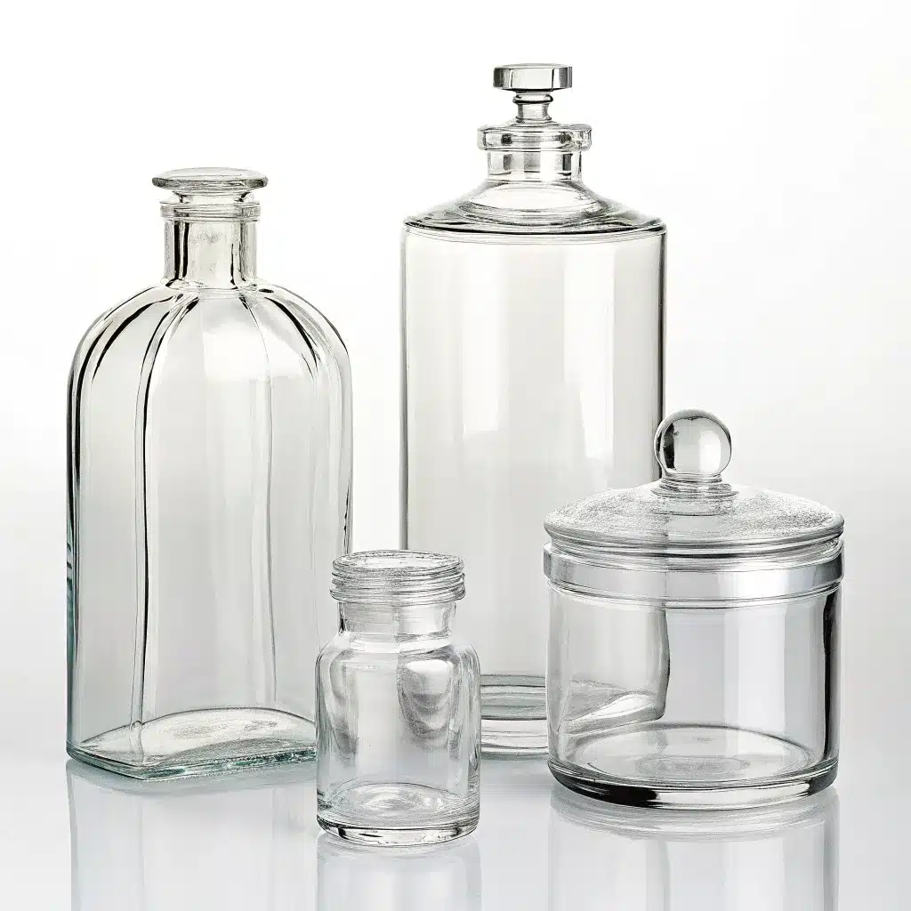 Various styles of clear glass bottles and jars with lids displayed together on a reflective surface.