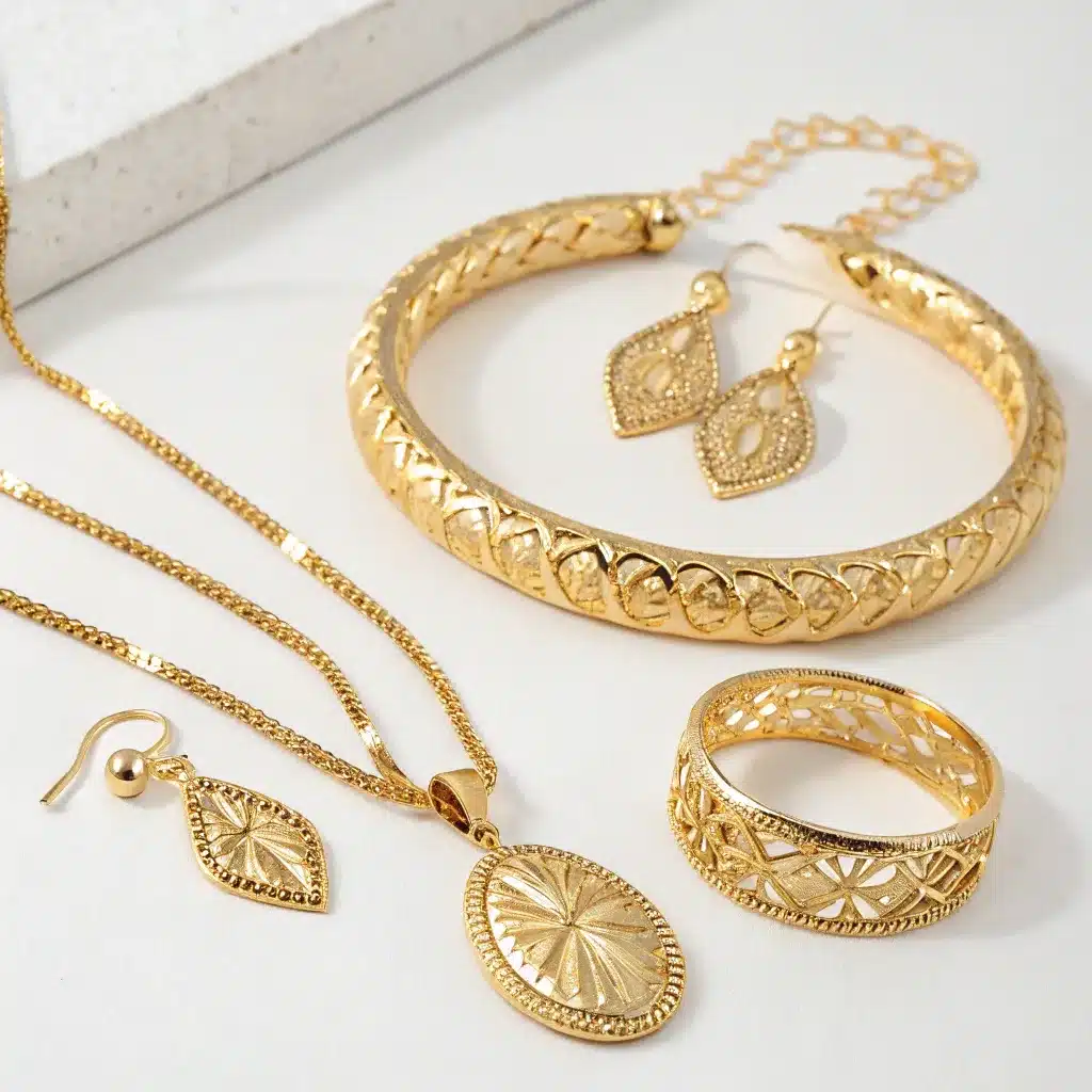 A collection of gold jewelry including a bracelet, earrings, necklace, and a ring, all with intricate designs.