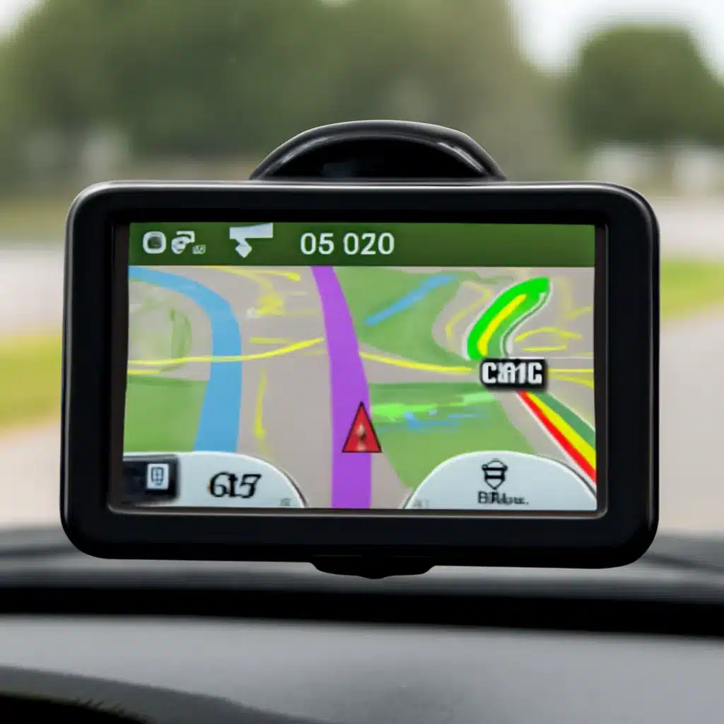 A GPS navigation screen showing various colored routes and traffic information on a car dashboard.