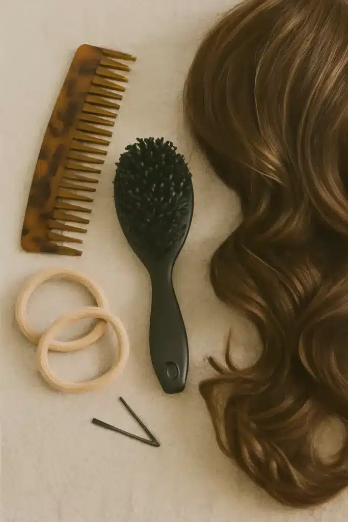 A collection of hair styling tools including a comb, brush, hairbands, and bobby pin next to brown hair strands.