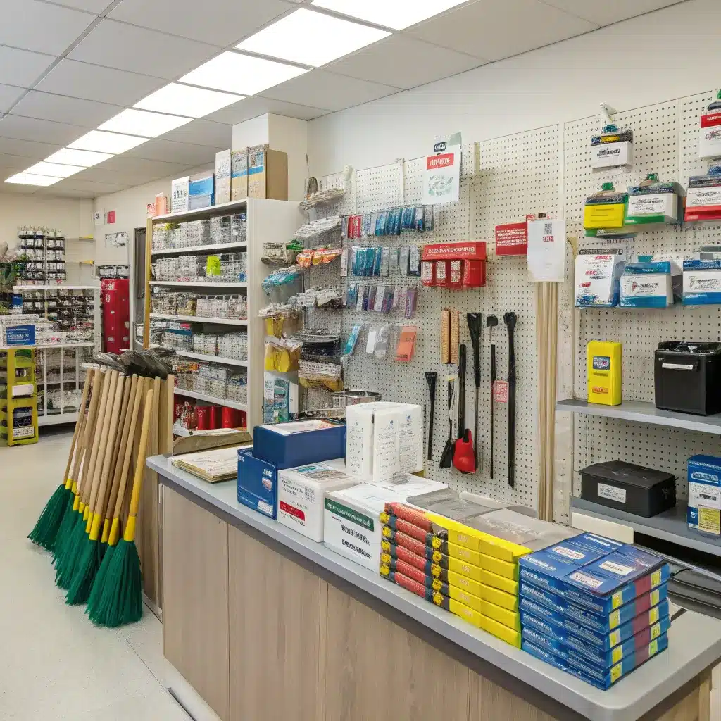 Interior view of a hardware store showing various tools, cleaning supplies, and small home repair items displayed on shelves and hooks.