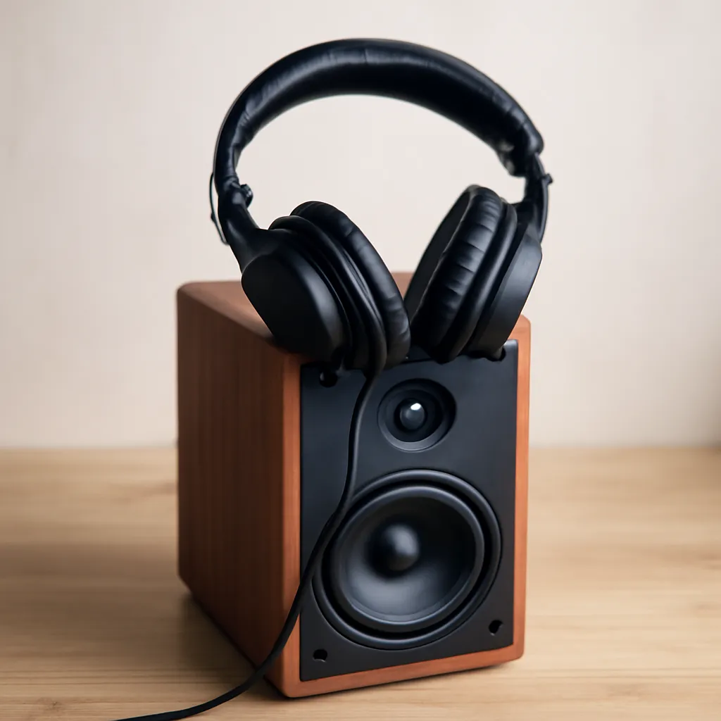 A pair of black headphones resting on a wooden speaker positioned on a light wooden surface.