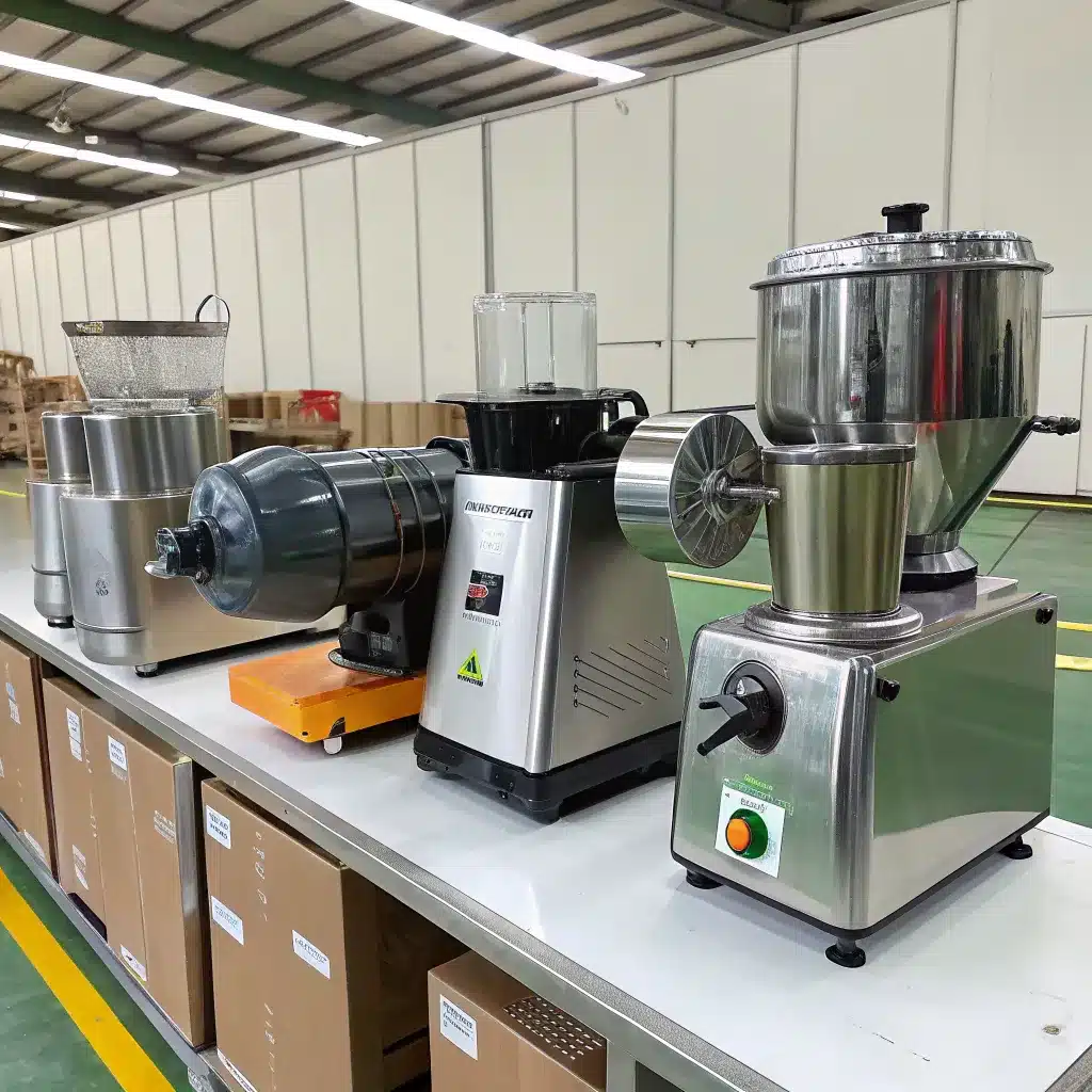 A row of industrial food processing machines on a counter in a warehouse setting.