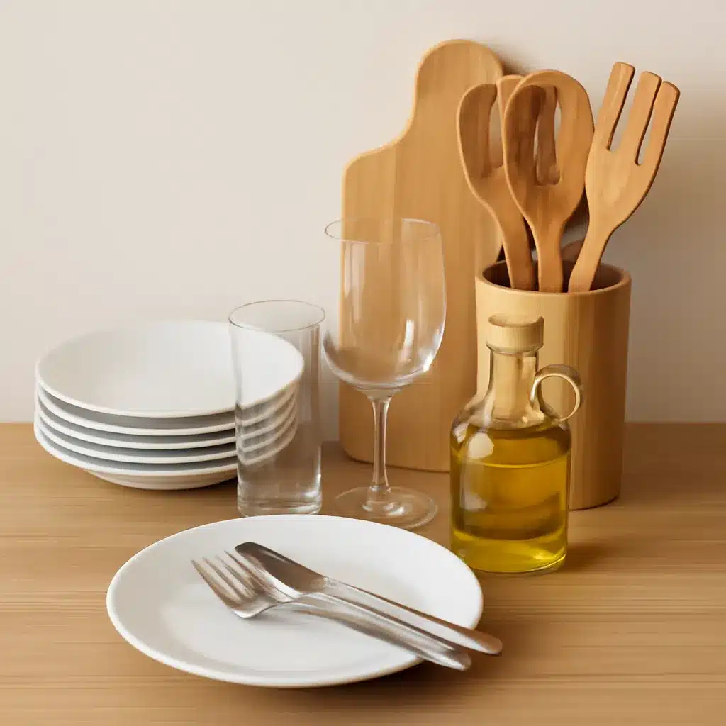 Image of kitchen items including stacked plates, glasses, wooden utensils, a cutting board, and a bottle of olive oil.