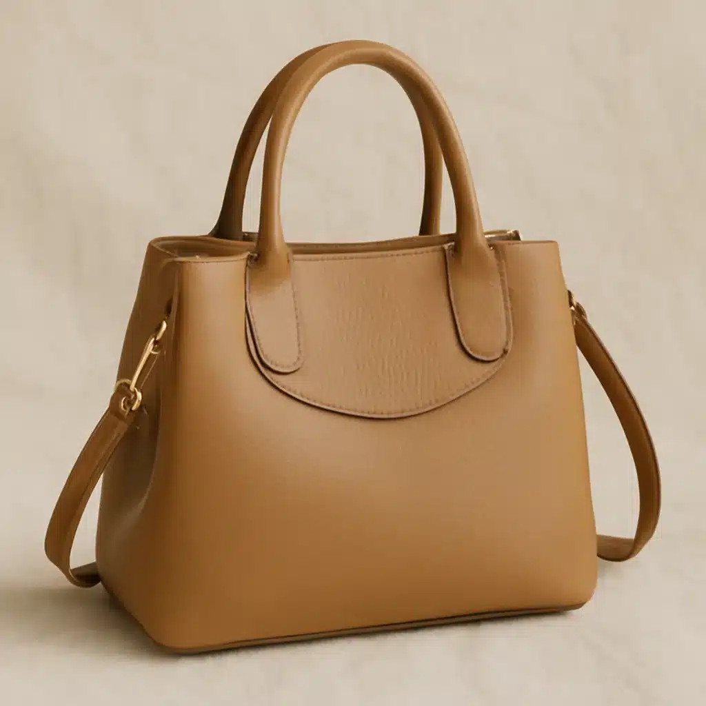 A brown leather handbag with two handles and a shoulder strap, set against a neutral background.