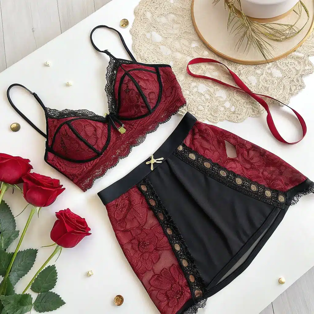 An elegant lingerie set with a red floral lace design featuring a bralette and matching high-waisted panties, displayed alongside three red roses and decorative elements on a white surface.
