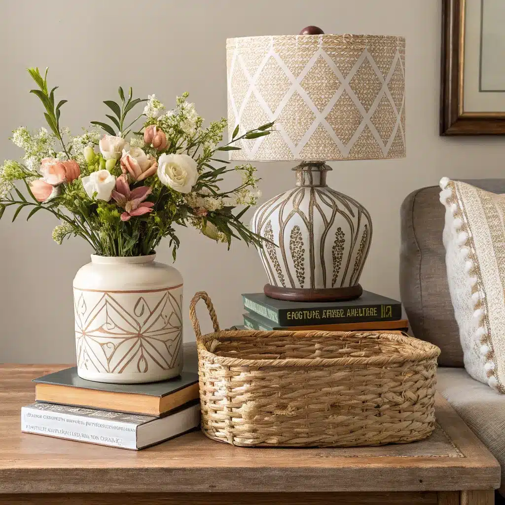 A cozy living room scene featuring a ceramic vase with white and pink flowers, a decorative lamp with a patterned shade, a wicker basket, and a stack of books on a wooden table.