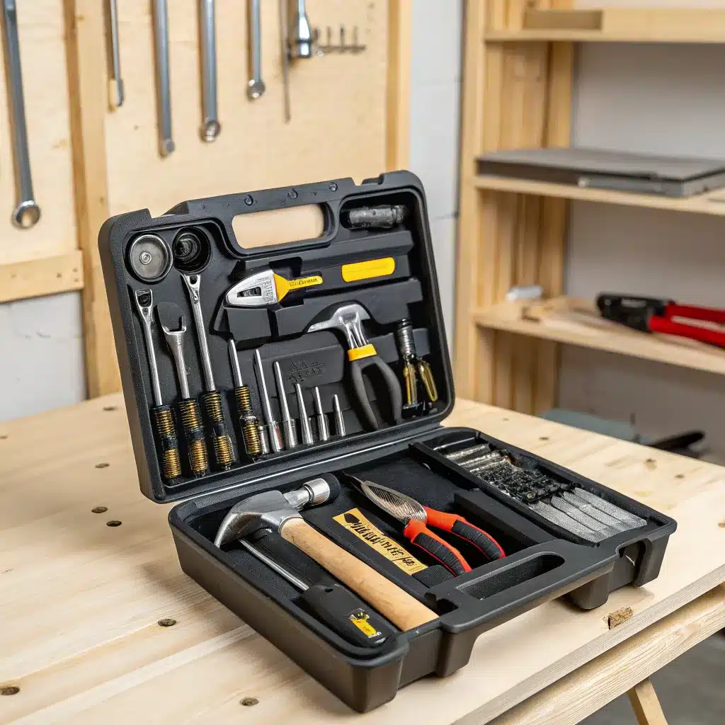 Open tool kit on a workbench, showing various hand tools such as a hammer, pliers, screwdrivers, and wrenches, organized in a black case.
