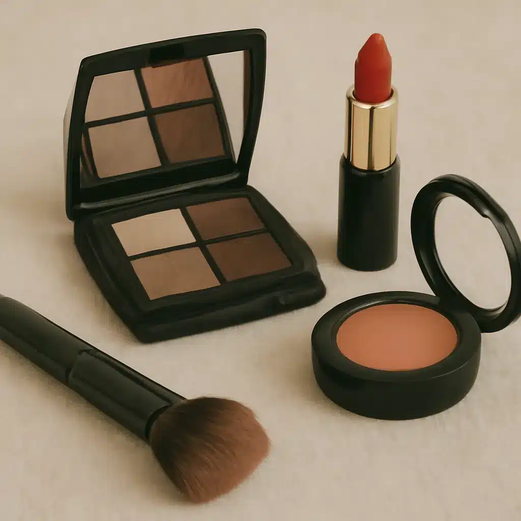 A collection of makeup products including an eyeshadow palette, lipstick, blush, and brush.