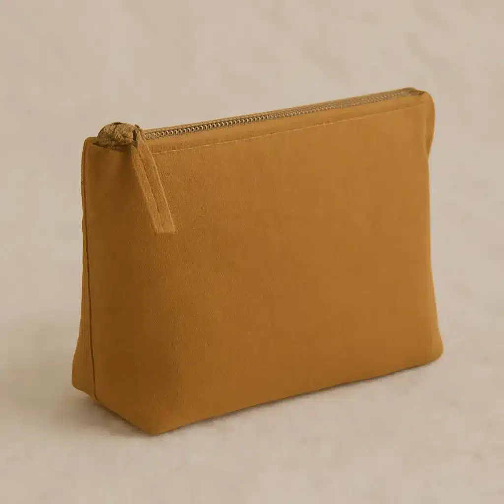 A mustard yellow fabric canvas bag with a zipper on top.