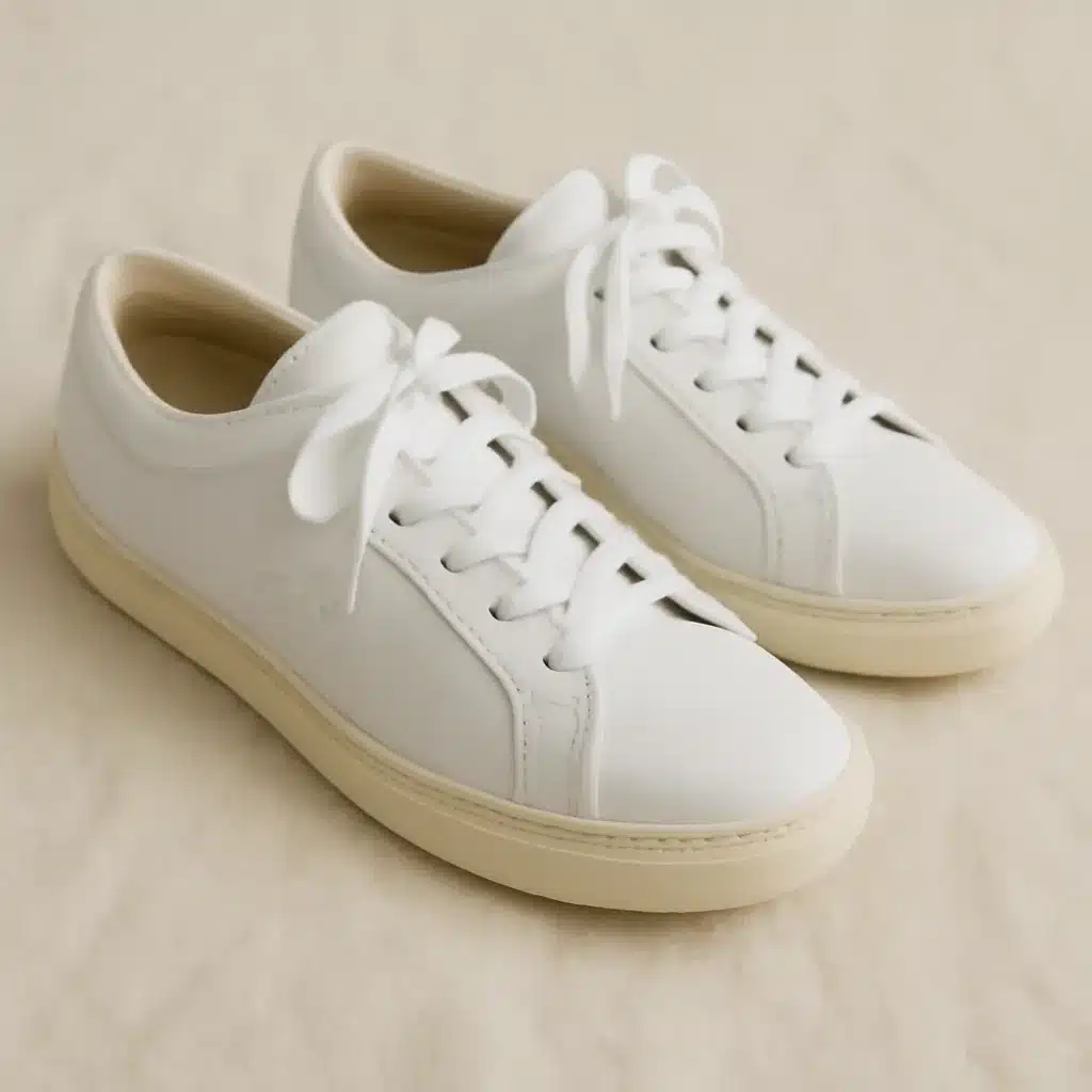A pair of minimalist white leather sneakers on a light background.