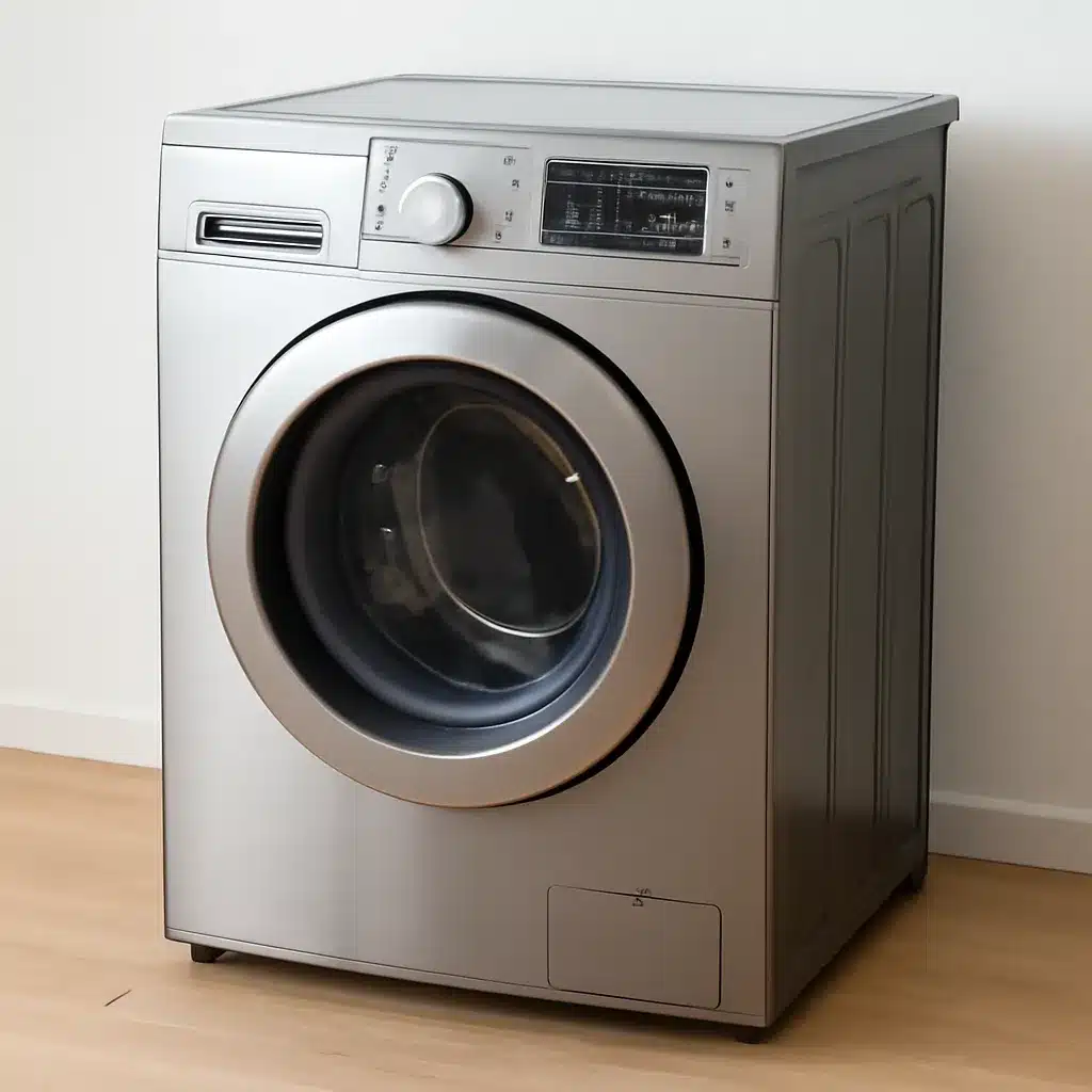 A modern, front-loading washing machine with a stainless steel finish, situated in a corner of a room with a wooden floor.