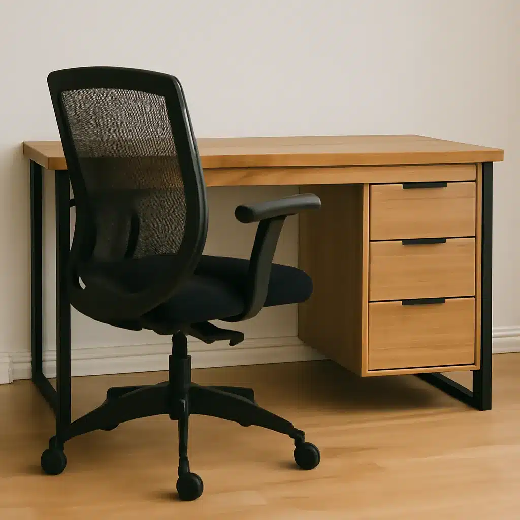 A wooden office desk with three drawers on the right side and a black mesh office chair with armrests and wheels in front of it. The desk has a metal frame and is placed in a minimally decorated room with wooden flooring.