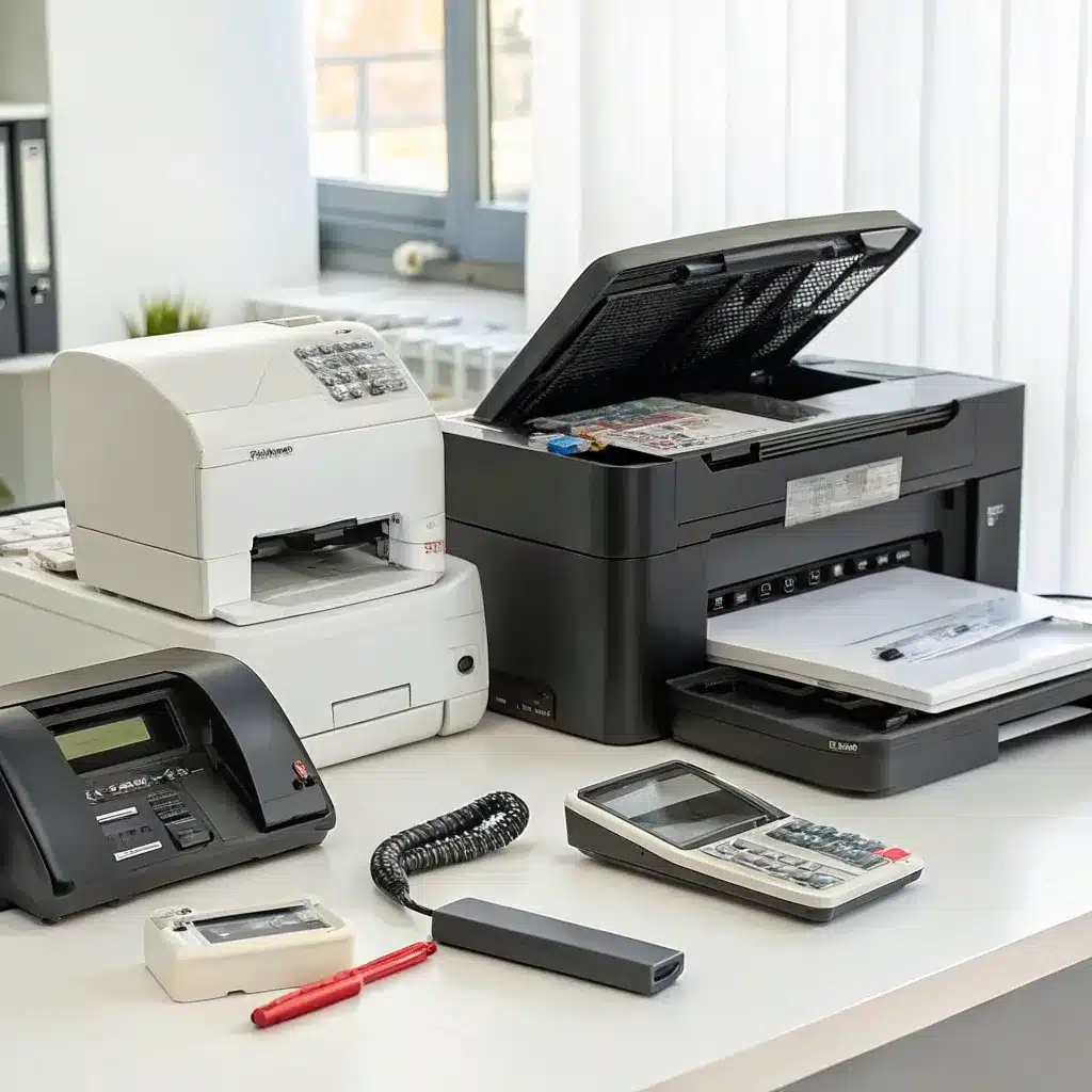 An office desk with various printing and telecommunication devices including a white printer, a black open printer, a fax machine, and a calculator.