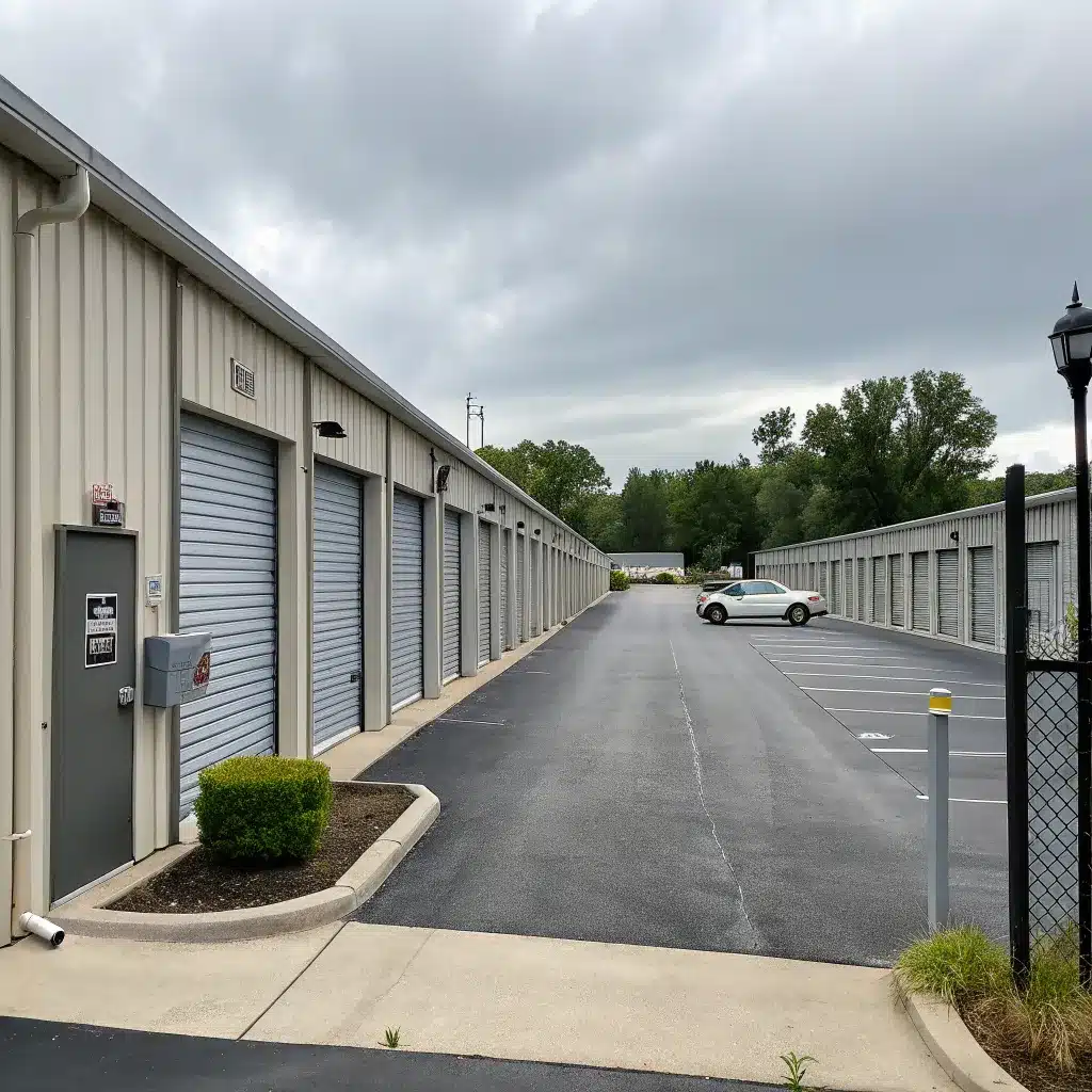 Long row of outdoor self storage units with blue roll-up doors and a single parked car in a parking lot under a cloudy sky.