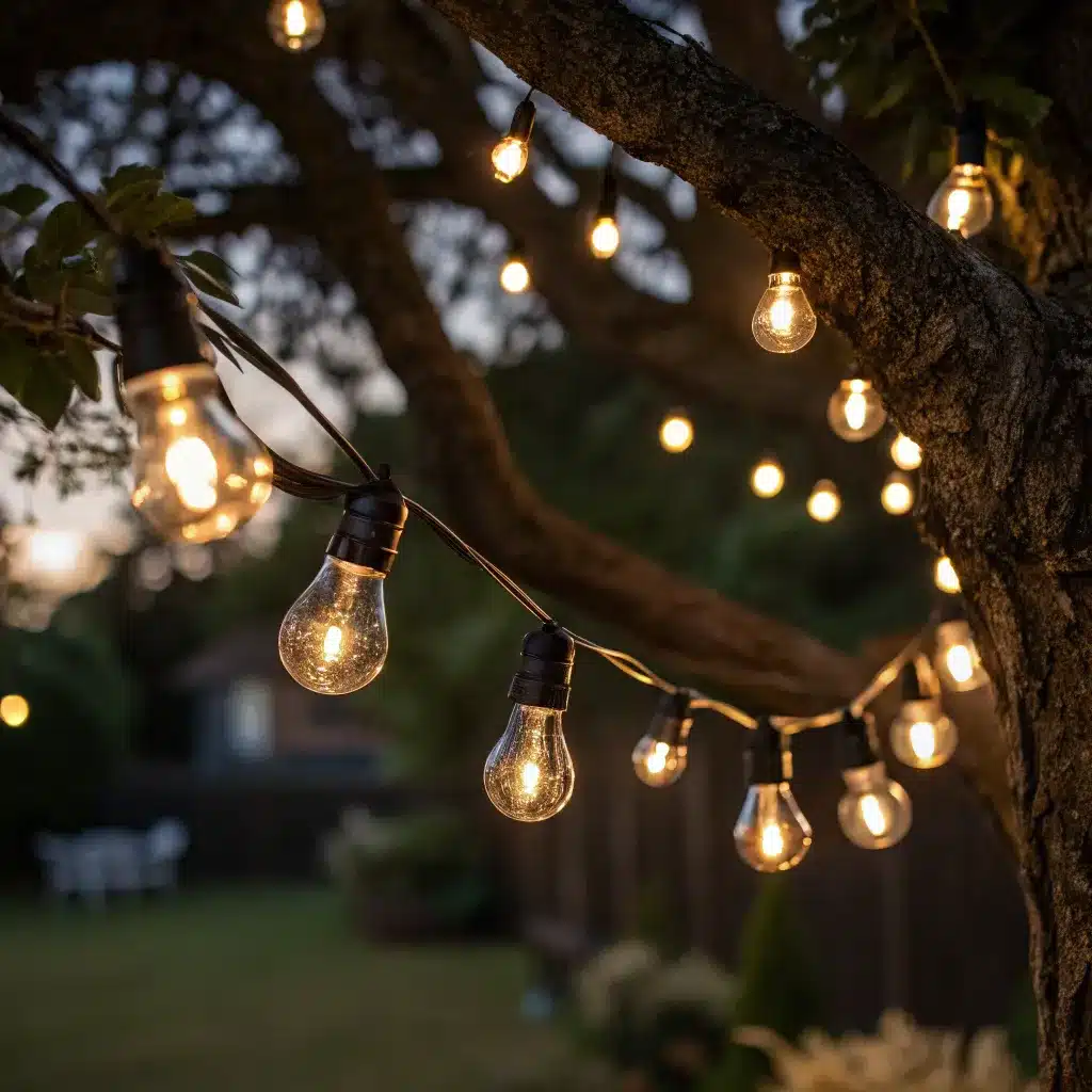 A close-up view of warm glowing string lights wrapped around a tree branch in a backyard setting at dusk.