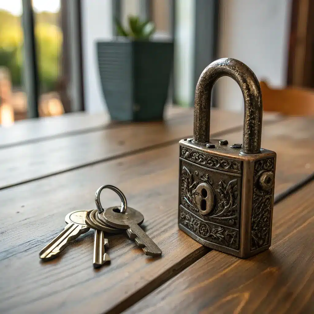 A vintage padlock and a set of keys on a wooden table.
