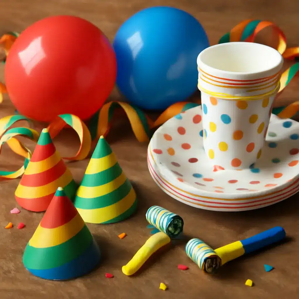 A collection of colorful party supplies including red and blue balloons, polka-dotted plates and cups, striped party hats, blowouts, and curled streamers.