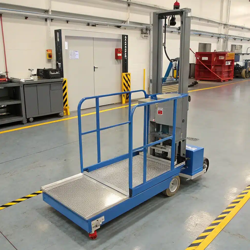 A personnel lift in an industrial setting, featuring a blue platform, guardrails, and wheels, designed for elevating workers for maintenance or construction tasks.