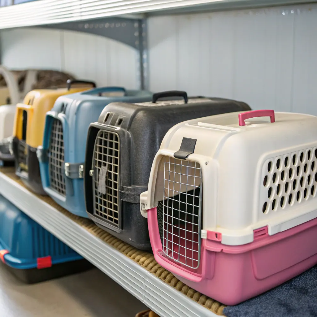 A row of different colored pet carriers lined up on shelves in a pet store or storage area.