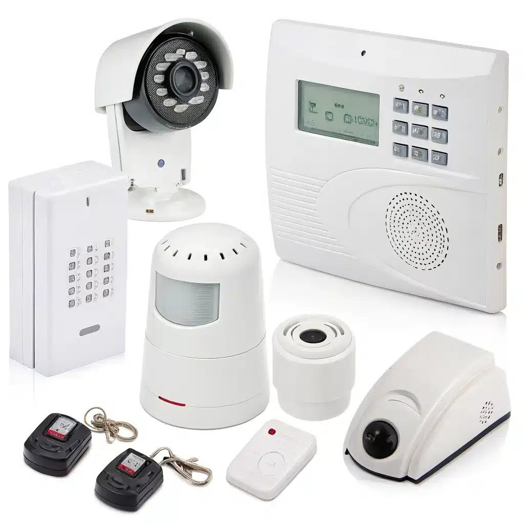 A collection of home security system devices including a camera, control panel, sensors, and remote controls