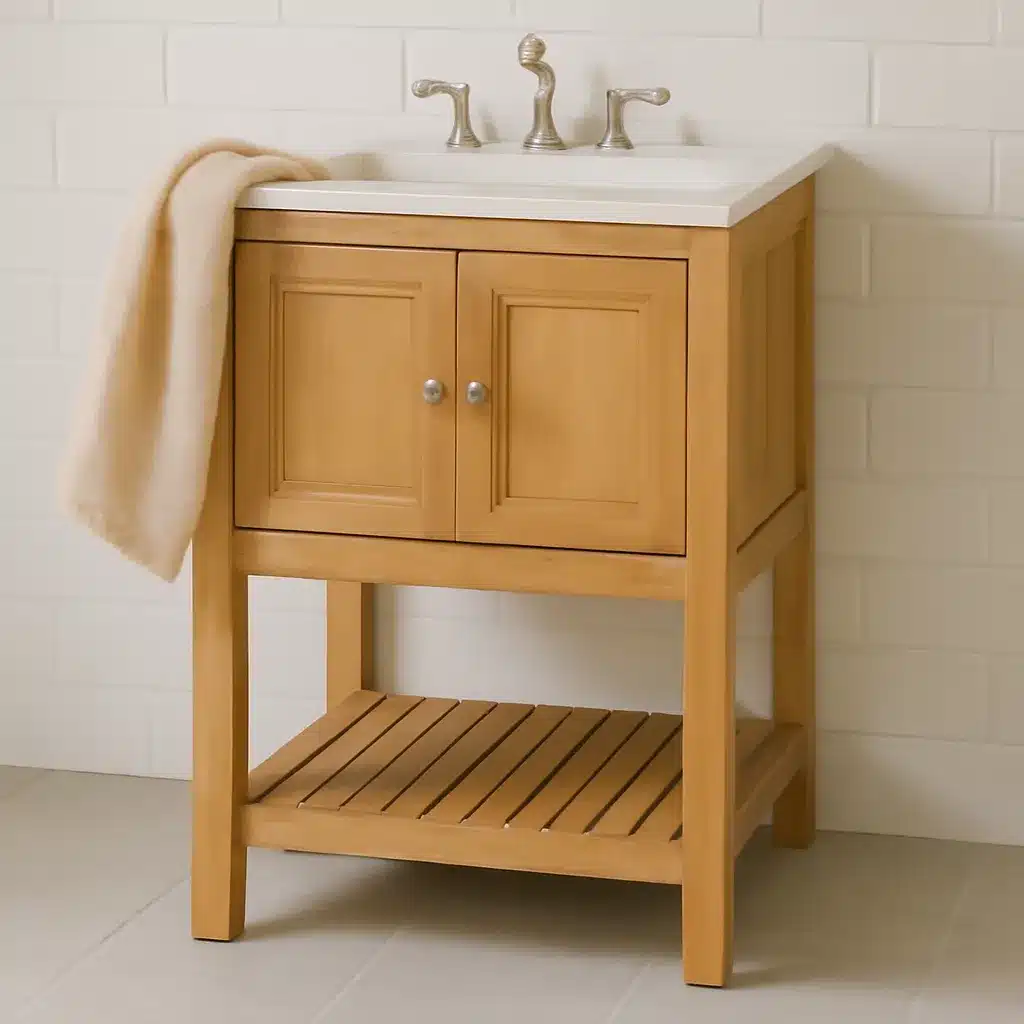 A wooden slatted vanity cabinet with a towel draped over the side, placed against a tiled bathroom wall.