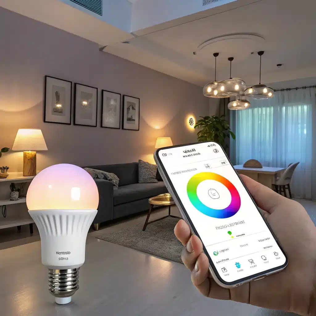 A smart bulb being controlled via a mobile application in a modern living room setting.