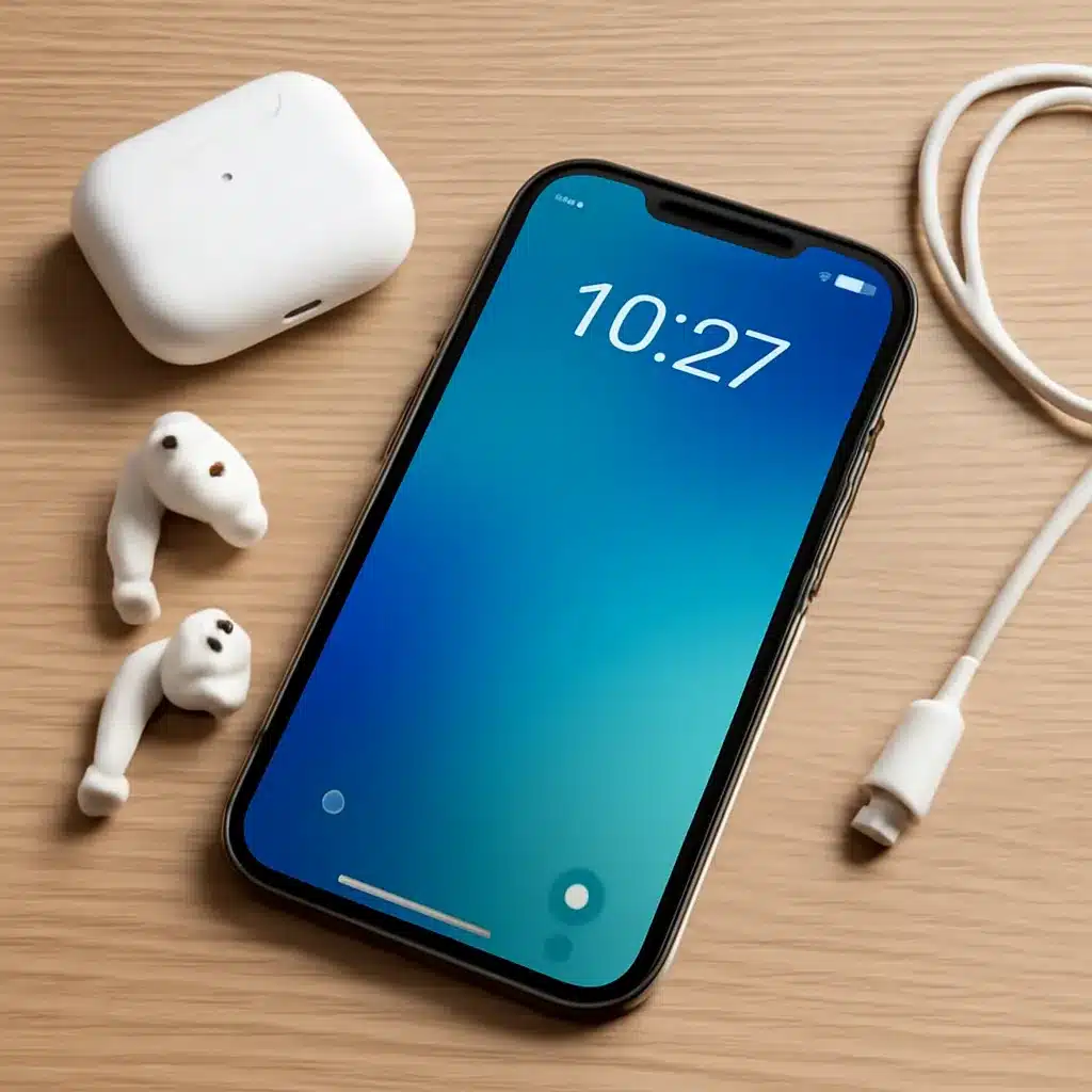 Image showing a smartphone with its screen displaying the time 10:27, alongside wireless earbuds and a charging case on a wooden surface.