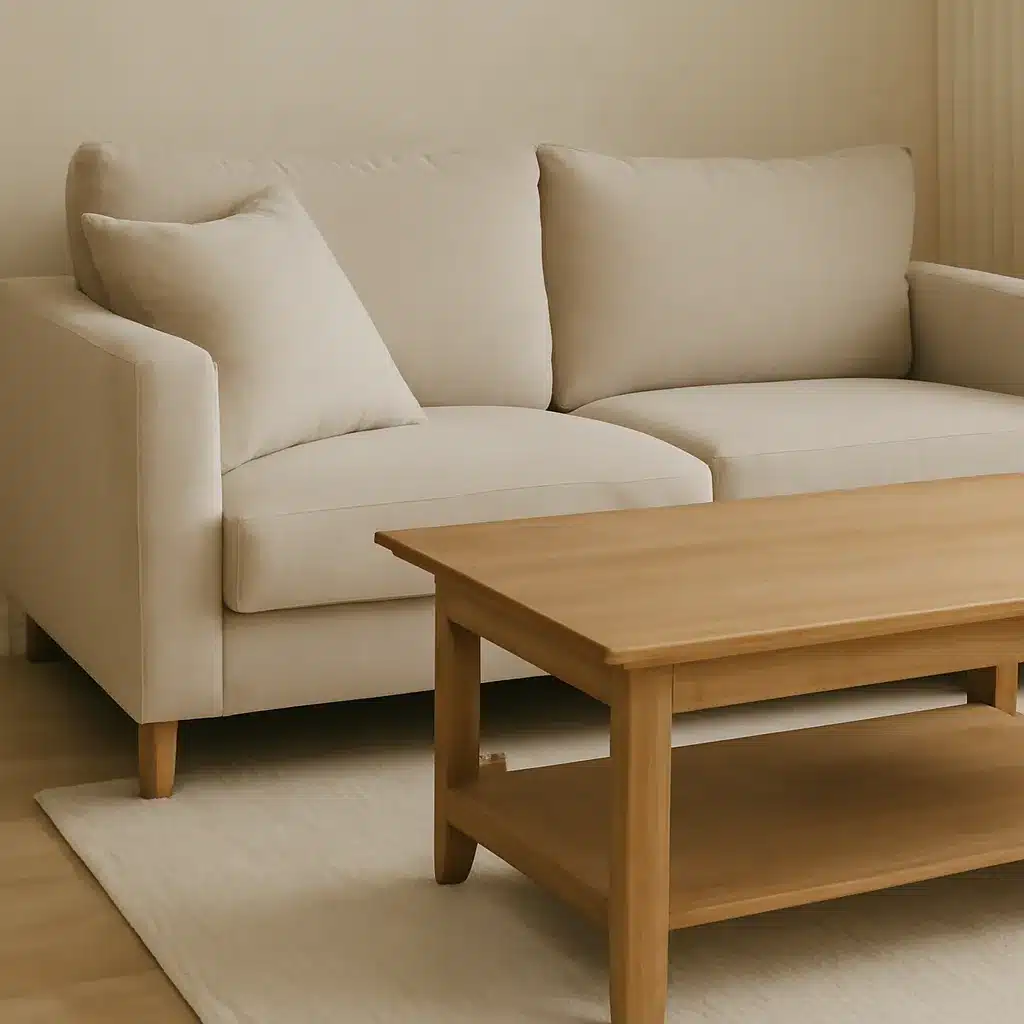 A beige sofa with plush cushions next to a wooden coffee table in a neutral-toned room.