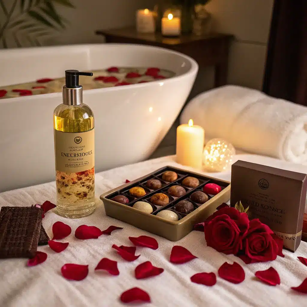A luxurious spa setup featuring a bathtub with rose petals, a bottle of body care product, chocolates, candles, and red roses on a towel-covered surface.