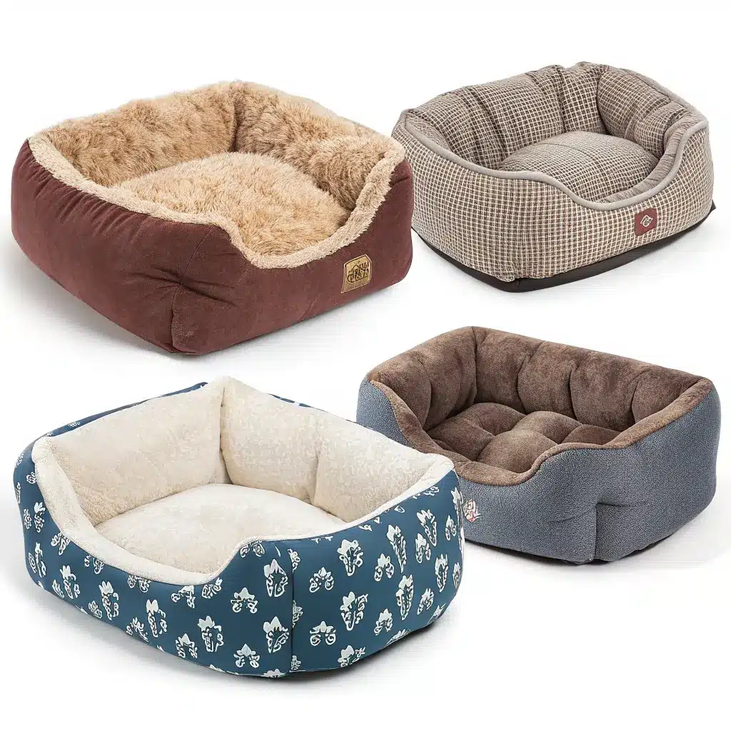 Four different square dog beds in various colors and patterns, including brown with fur lining, checkered pattern, floral pattern, and textured grey with brown cushion.