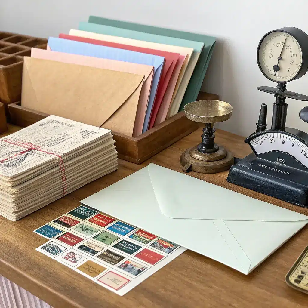 A vintage-style desk setup with colorful envelopes in a wooden tray, a stack of documents tied with red string, various decorative stickers, and an old-fashioned scale.