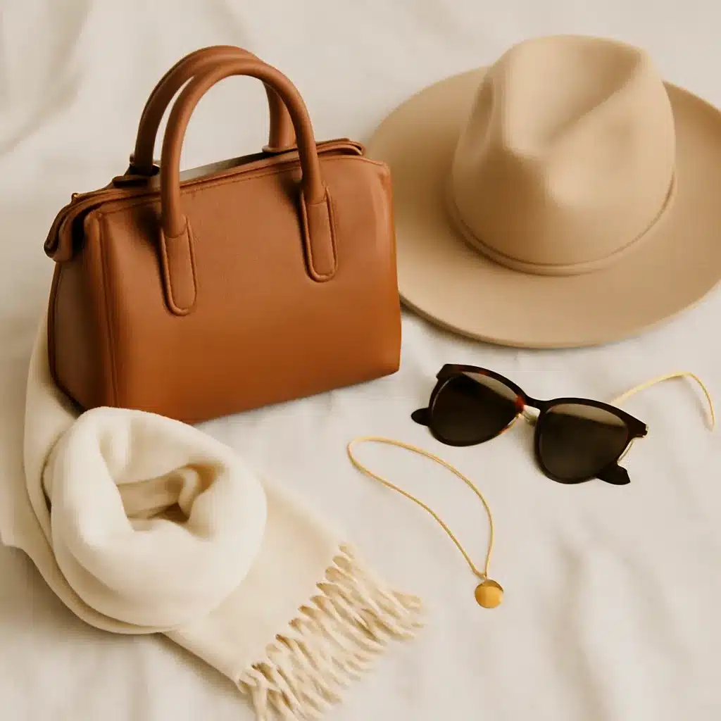A collection of stylish accessories including a brown handbag, beige hat, black sunglasses, gold necklace, and a cream scarf on a soft surface.