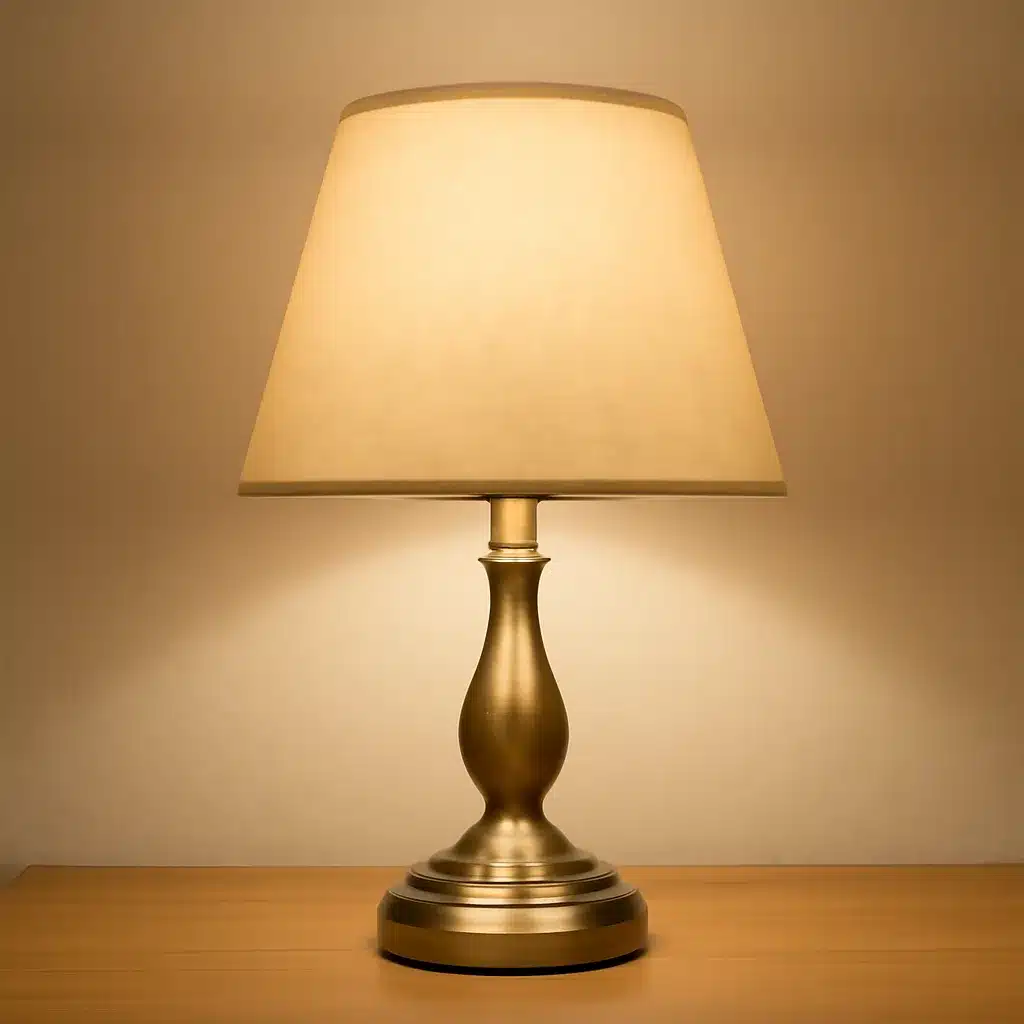 A classic table lamp with a beige lampshade on a wooden surface