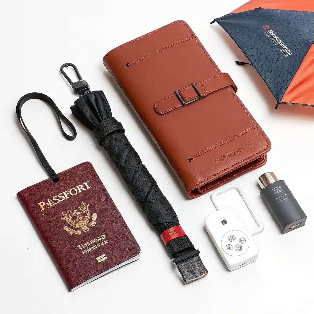 A collection of travel essentials including a passport, an umbrella, a leather wallet, and a small perfume bottle.