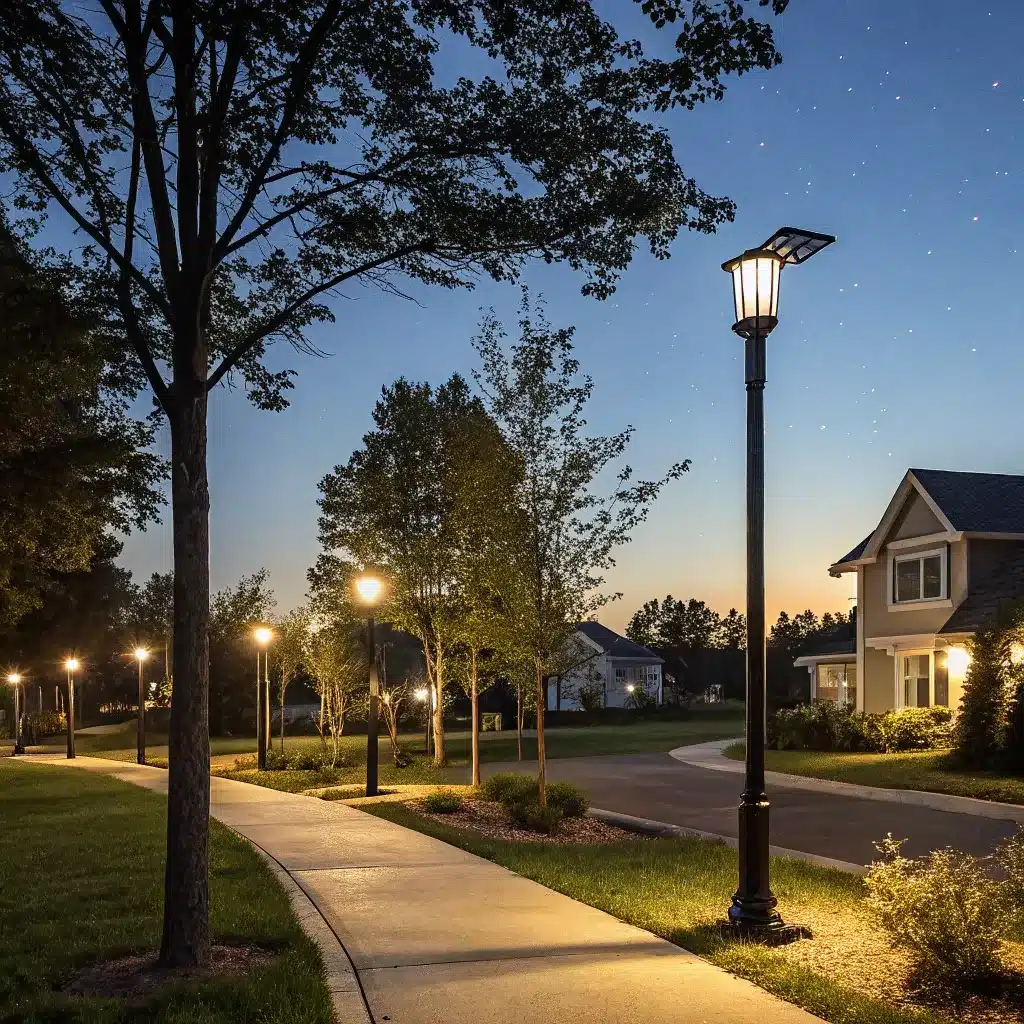 A picturesque evening street view with illuminated streetlamps lining a sidewalk, houses in the background, and the sky dotted with stars.