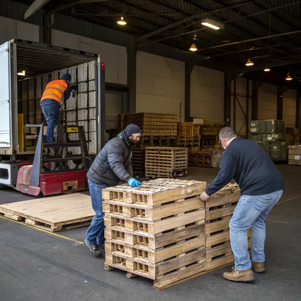 Three people loading wooden pallets onto a truck in a warehouse setting.