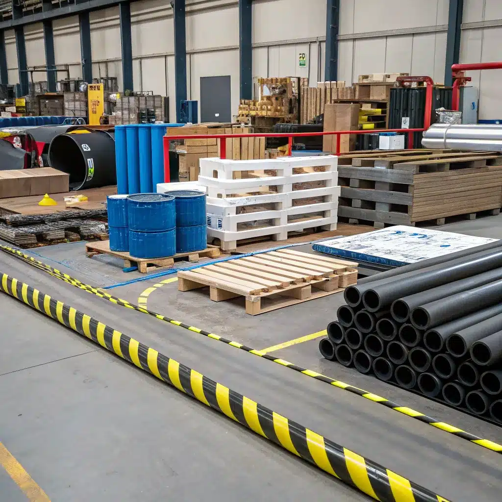 Various industrial supplies and materials organized in a warehouse, including blue barrels, white pallets, black pipes, and wooden crates.
