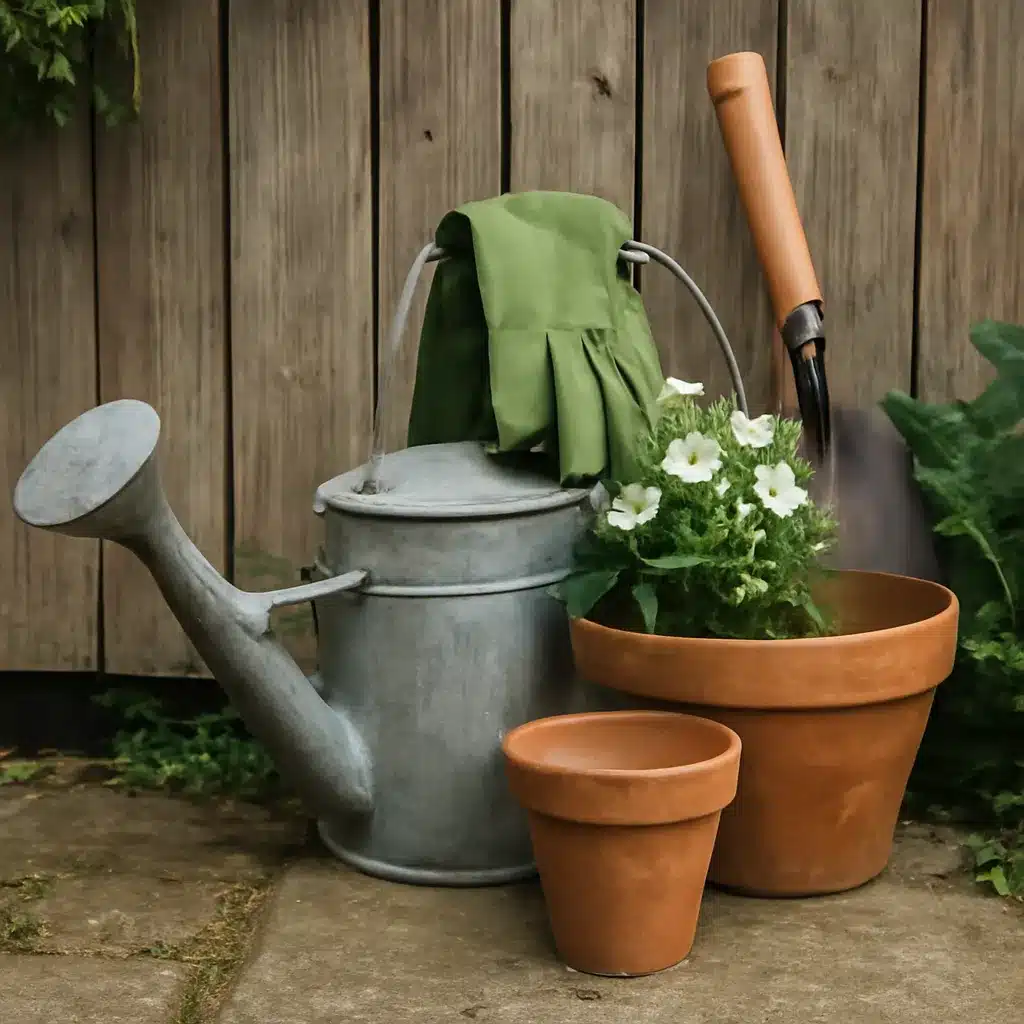 A set of gardening tools including a watering can, gloves, flower pots, and a trowel arranged aesthetically against a wooden wall.