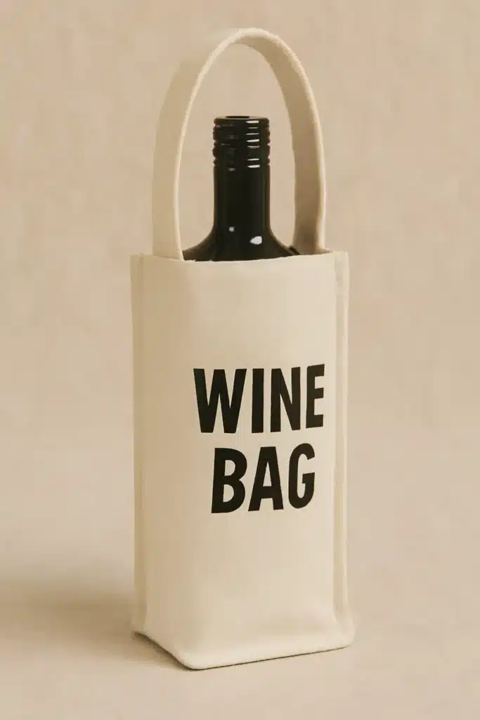 A wine bottle inside a beige bag with the text 'WINE BAG' printed on it.