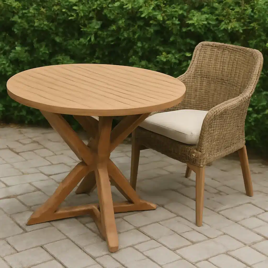 A wooden outdoor table with a stylish X-shaped base and a wicker chair with a cushioned seat, set on a paved patio with greenery in the background.