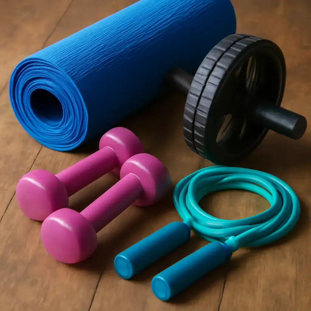 A set of workout equipment including blue yoga mat, pink dumbbells, teal jump rope, and black ab roller on a wooden floor.