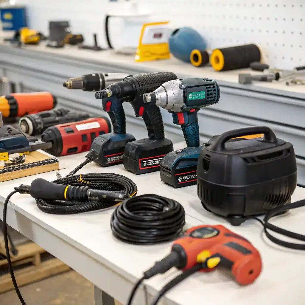A variety of power tools including drills and cables arranged on a workshop counter.