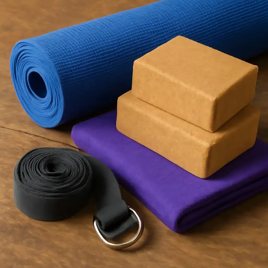 A set of yoga equipment including a blue yoga mat, two cork yoga blocks, a purple towel, and a black yoga strap with a metal buckle placed on a wooden surface.