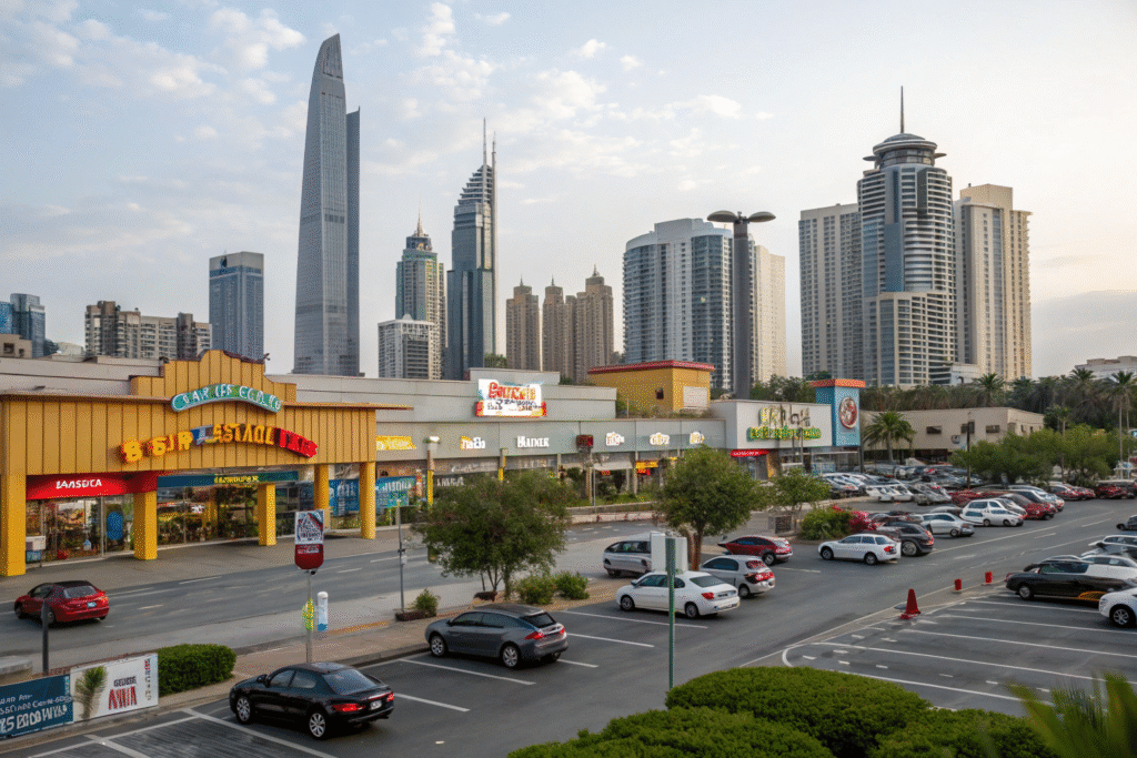 Large commercial complex with vibrant signage and parking lot against modern skyscrapers in a busy city